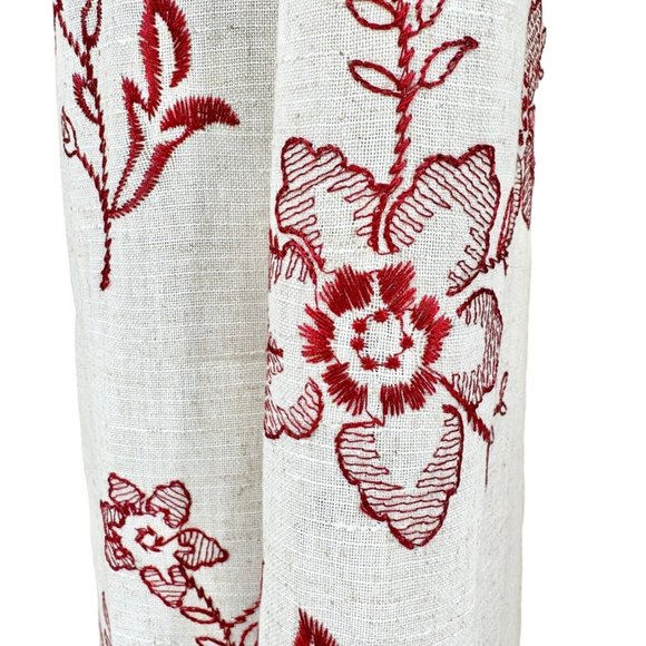 Pair of Curtain Panels 86 x 53 each Linen Red Stitched Flowers Grommets - Picture 3 of 4